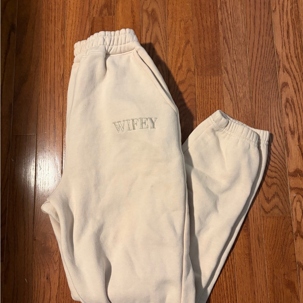 Ivory Joggers with Embroidered “Wifey” Detail